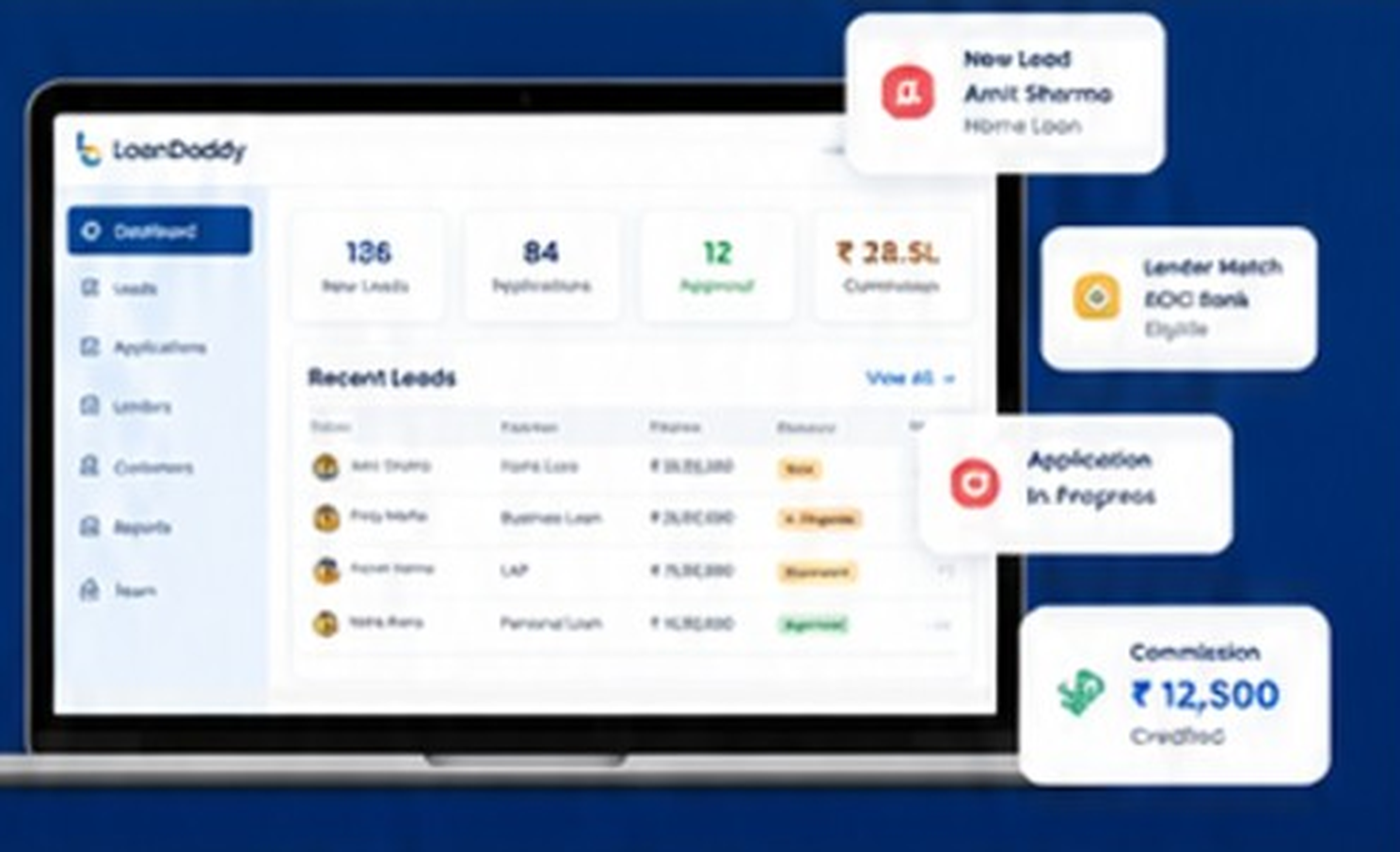 LoanDaddy dashboard on laptop with live lead and commission updates